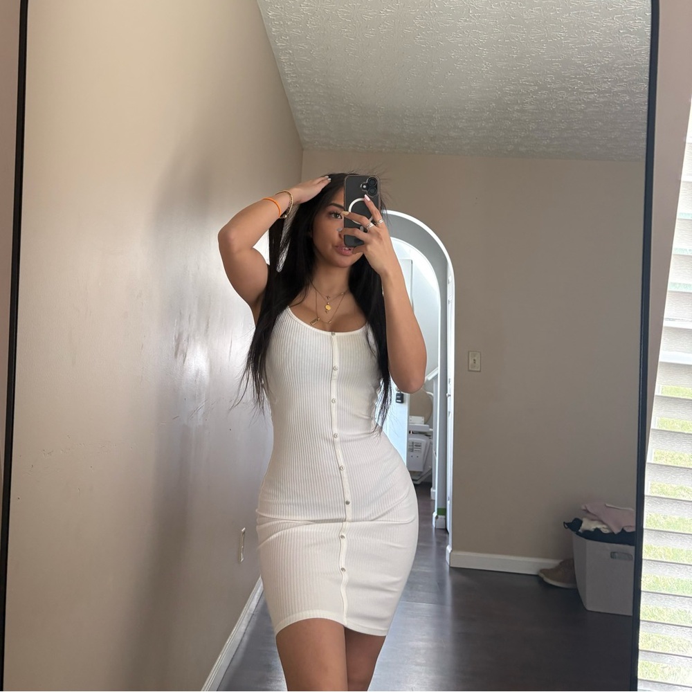 Fashion Nova White Ribbed Button-Front Midi Dress